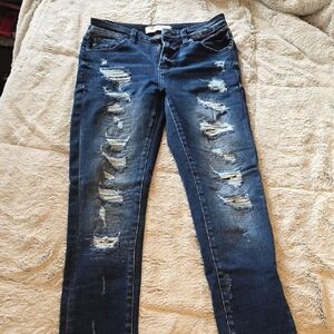 Women's Distressed Dark Blue Skinny Jeans - Classic Fit